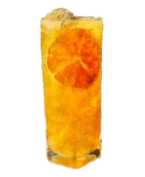 A glass of orange juice with an orange slice.