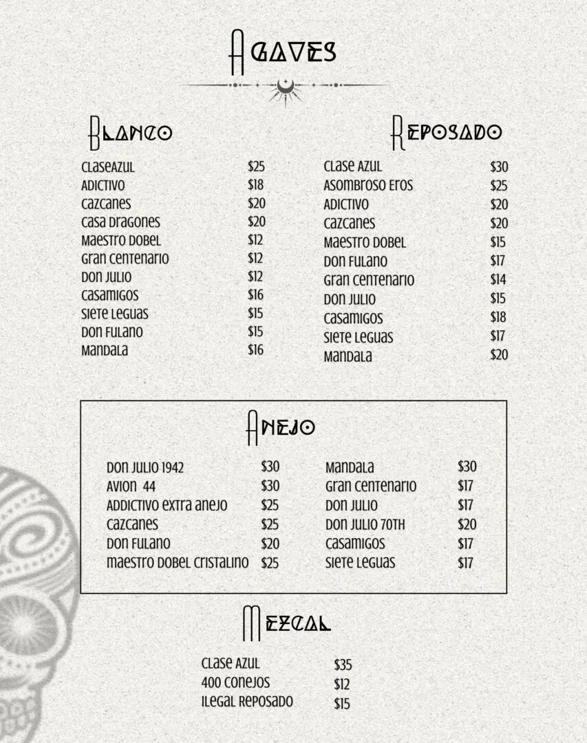 A menu of the restaurant in spanish
