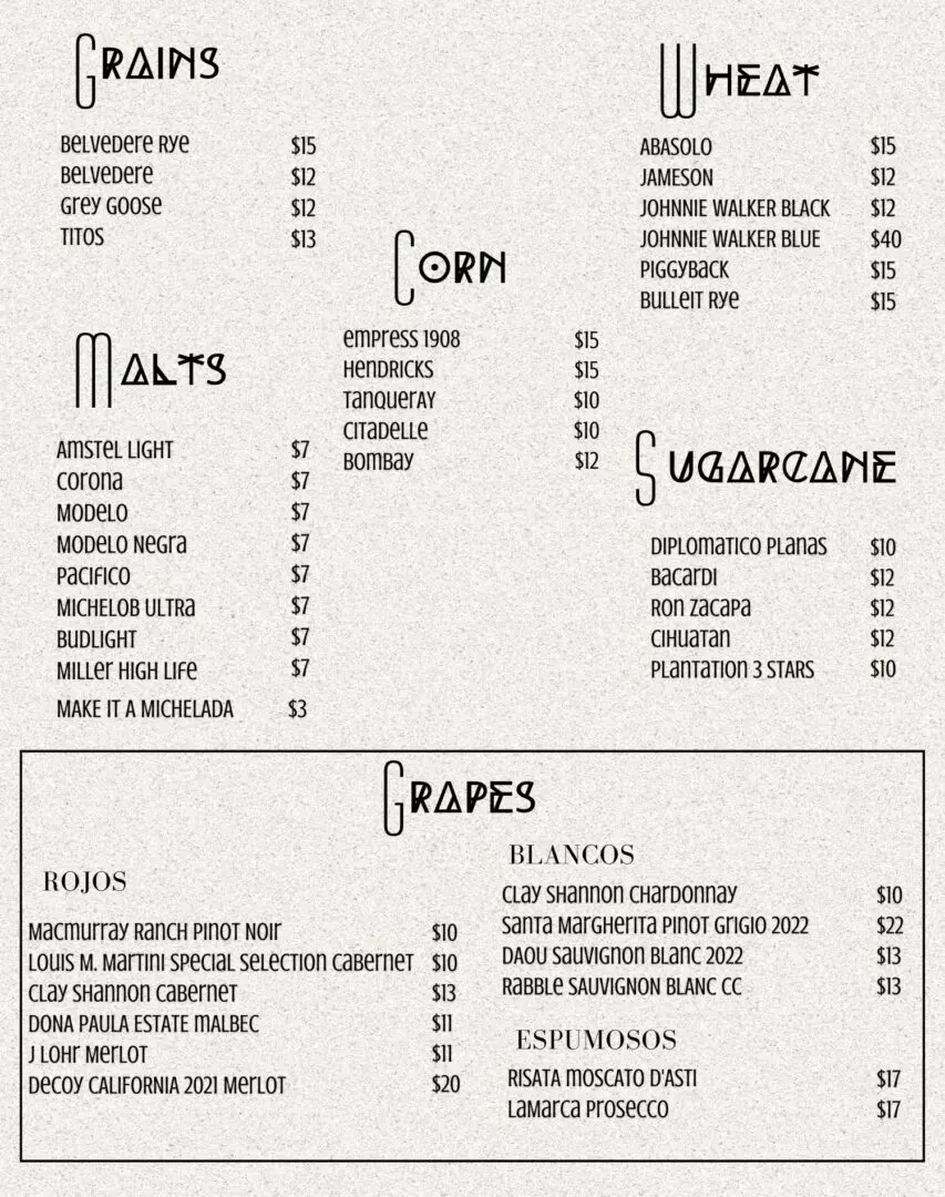 A menu of the restaurant with prices