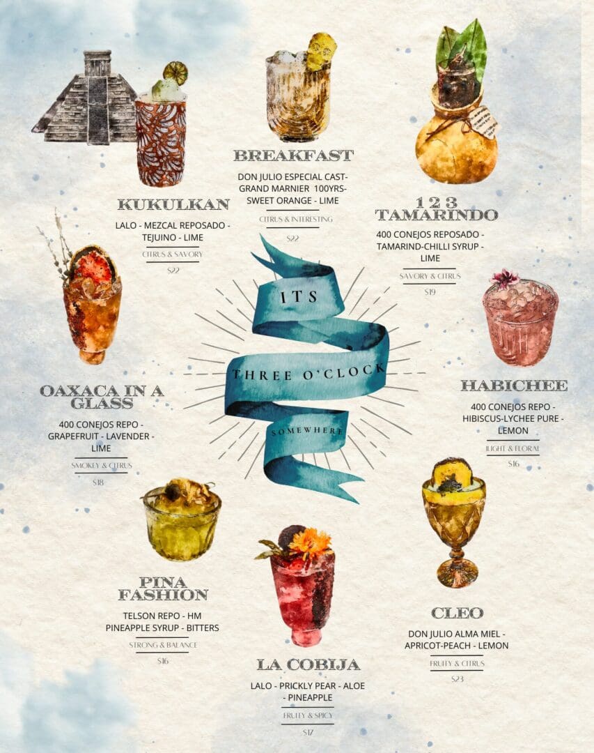 Cocktail menu with illustrated drinks.