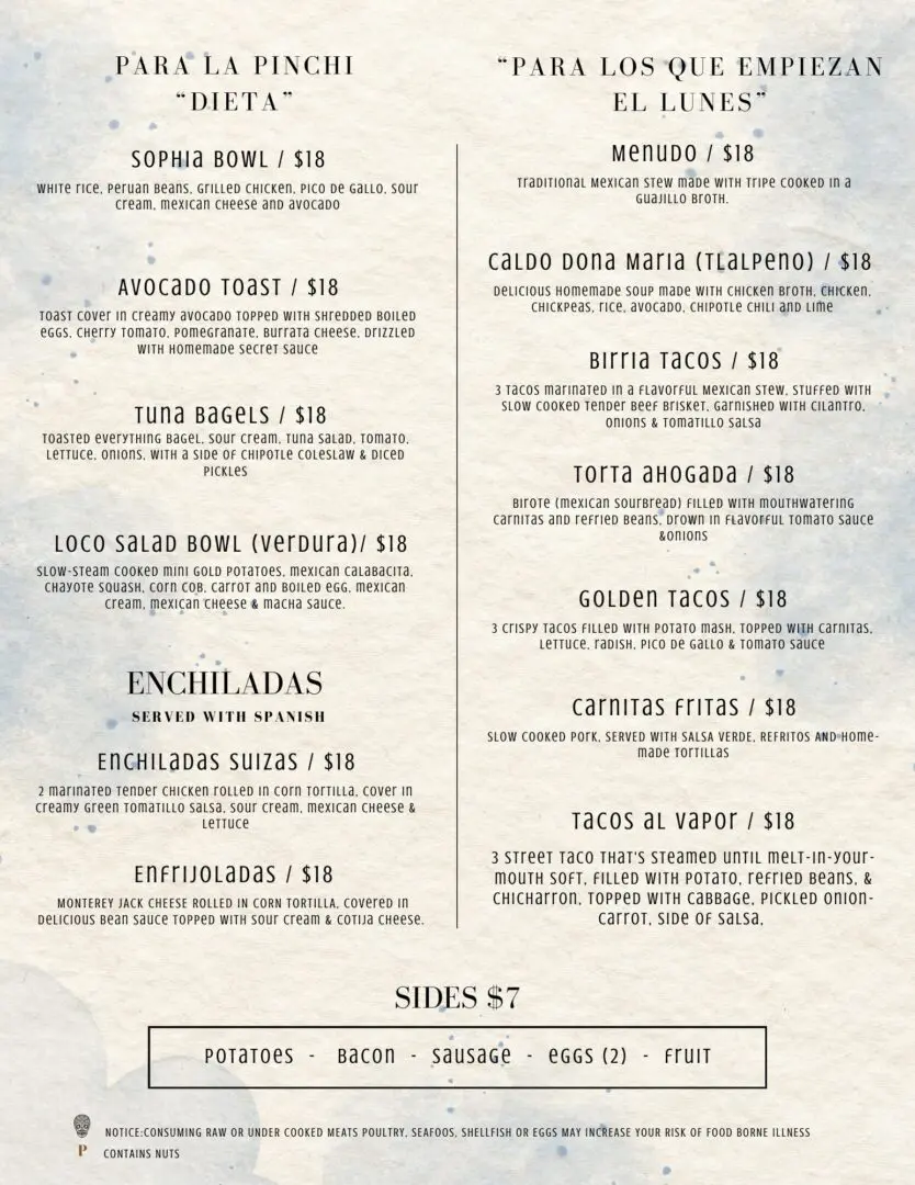 Mexican food menu with various dishes.