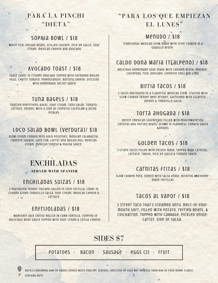 Mexican food menu with prices.