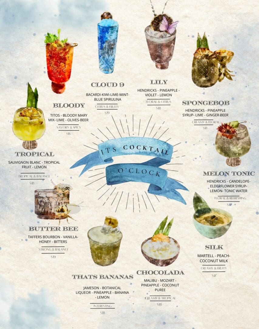 Cocktail menu with watercolor illustrations.