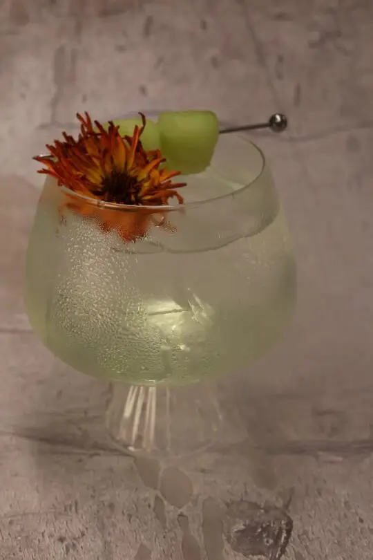 A green drink garnished with a flower.